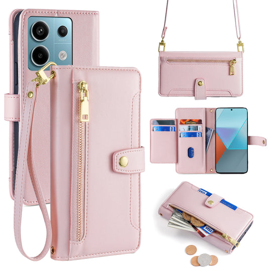 For Xiaomi Redmi Note 13 Pro 5G / Poco X6 5G Leather Case Phone Wallet Cover Zipper Pocket - Pink