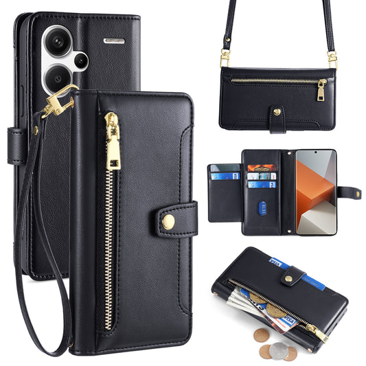 For Xiaomi Redmi Note 13 Pro+ 5G Leather Case Zipper Phone Cover with 2 Straps - Black