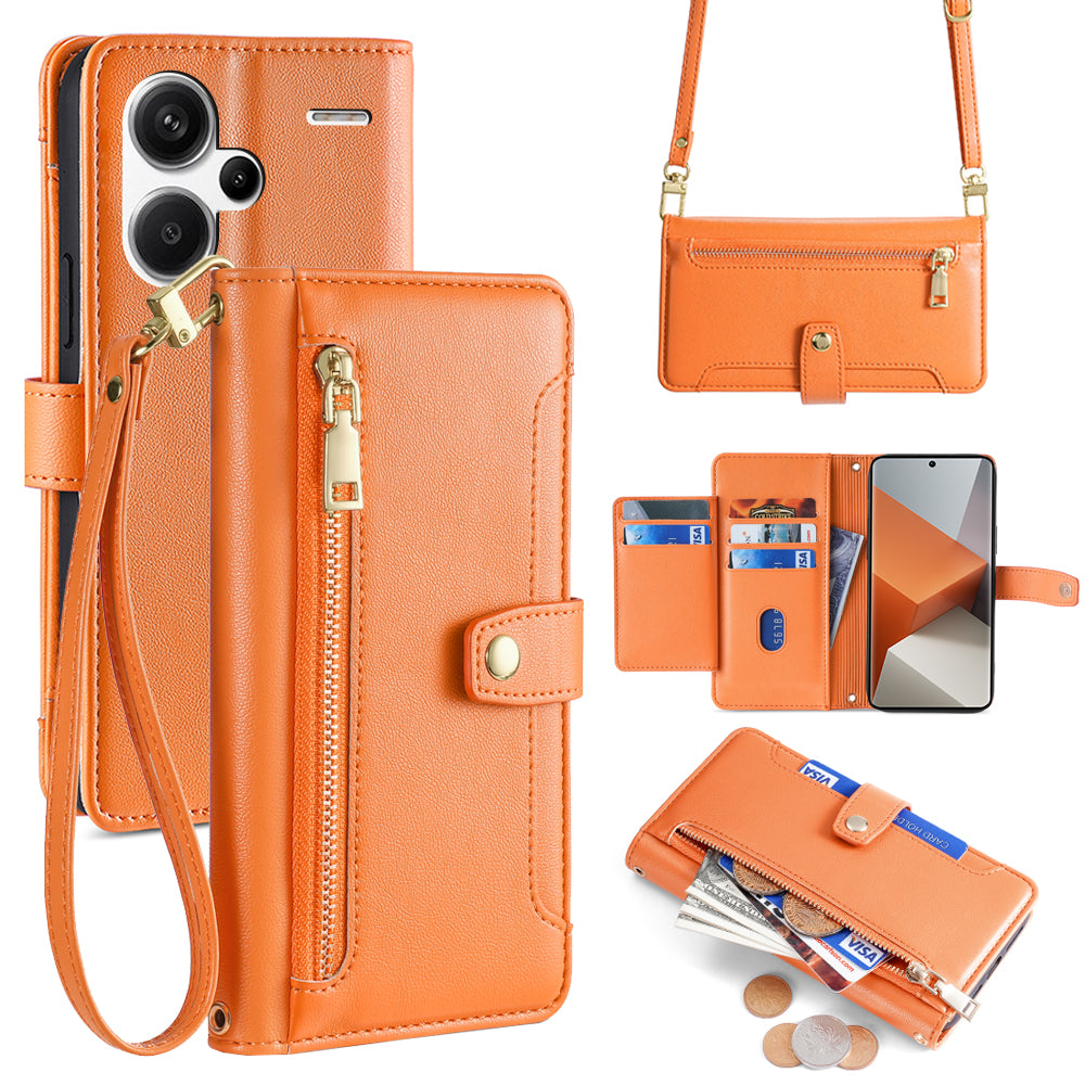 For Xiaomi Redmi Note 13 Pro+ 5G Leather Case Zipper Phone Cover with 2 Straps - Orange