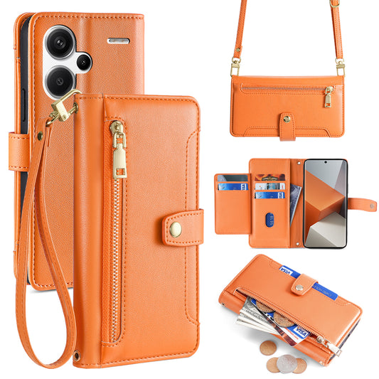 For Xiaomi Redmi Note 13 Pro+ 5G Leather Case Zipper Phone Cover with 2 Straps - Orange