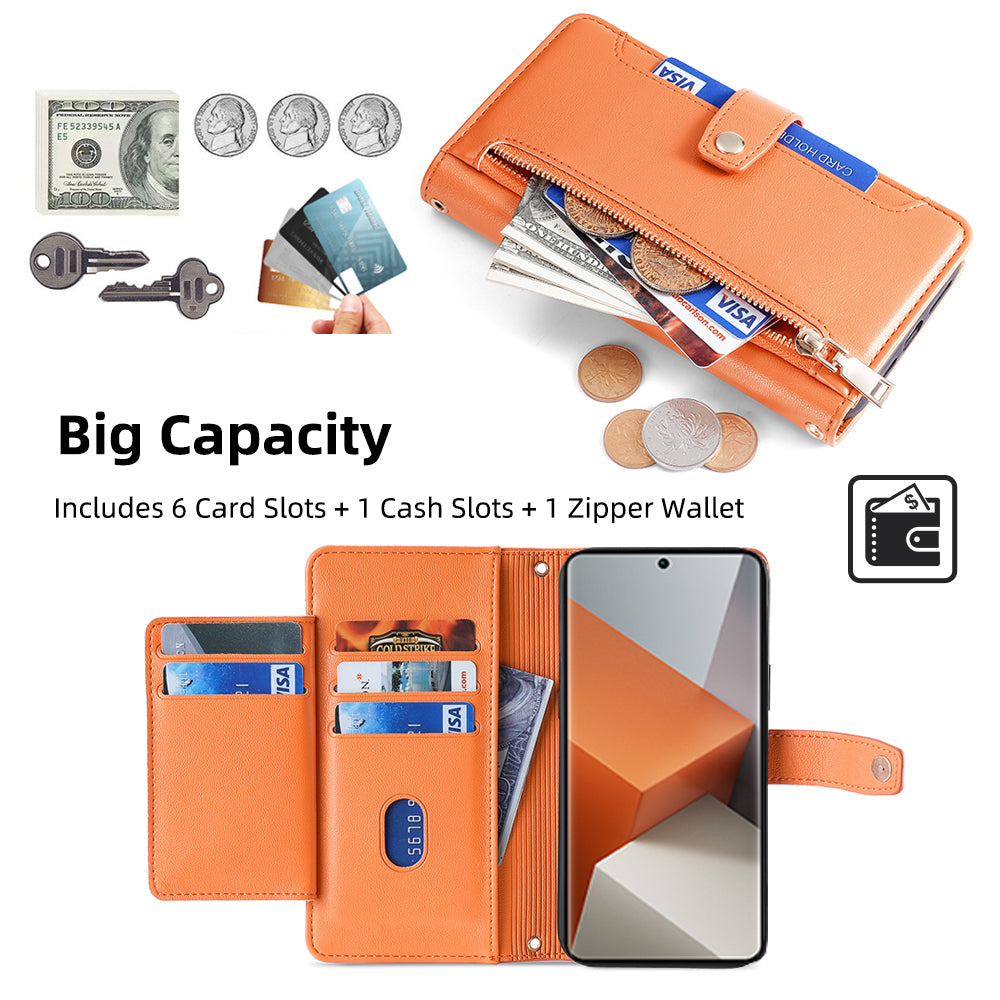 For Xiaomi Redmi Note 13 Pro+ 5G Leather Case Zipper Phone Cover with 2 Straps - Orange