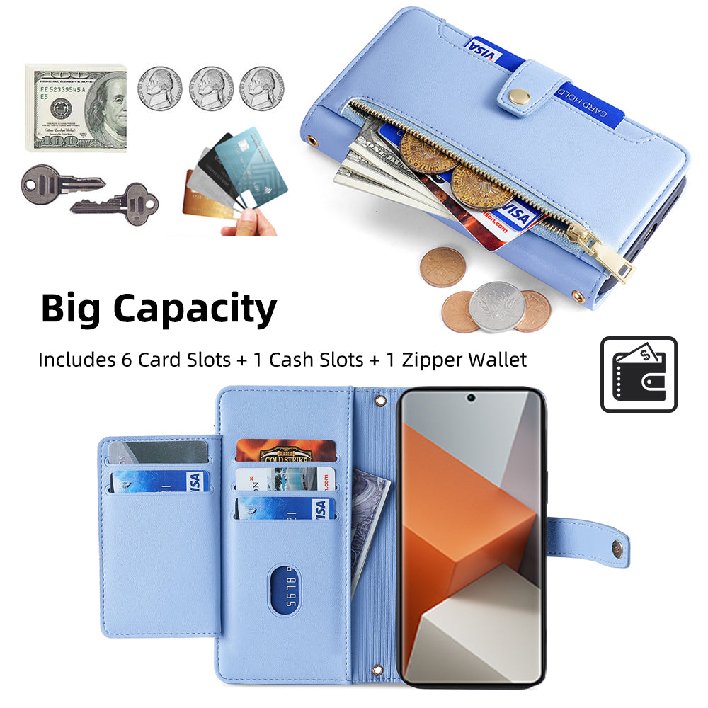 For Xiaomi Redmi Note 13 Pro+ 5G Leather Case Zipper Phone Cover with 2 Straps - Blue