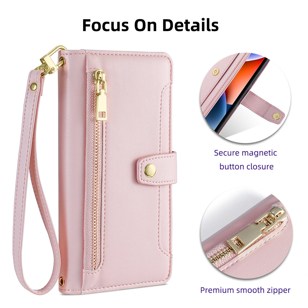 For Xiaomi Redmi Note 13 Pro+ 5G Leather Case Zipper Phone Cover with 2 Straps - Pink