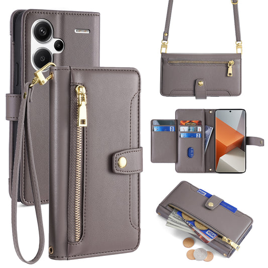 For Xiaomi Redmi Note 13 Pro+ 5G Leather Case Zipper Phone Cover with 2 Straps - Grey