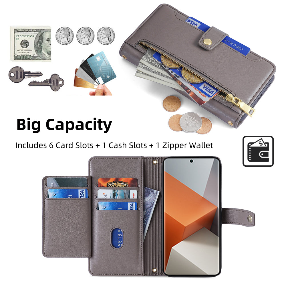 For Xiaomi Redmi Note 13 Pro+ 5G Leather Case Zipper Phone Cover with 2 Straps - Grey