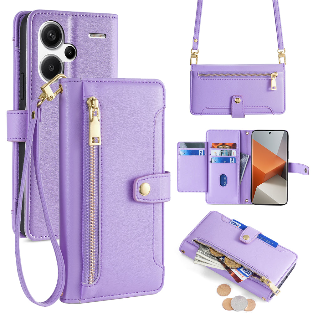 For Xiaomi Redmi Note 13 Pro+ 5G Leather Case Zipper Phone Cover with 2 Straps - Purple