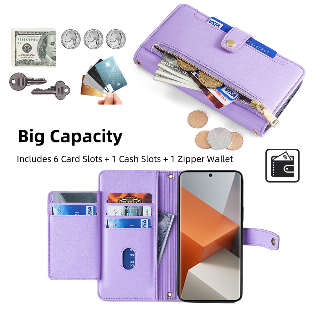 For Xiaomi Redmi Note 13 Pro+ 5G Leather Case Zipper Phone Cover with 2 Straps - Purple