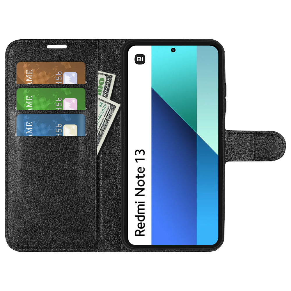 For Xiaomi Redmi Note 13 4G Phone Case Wallet Litchi Texture Leather Flip Cover - Black