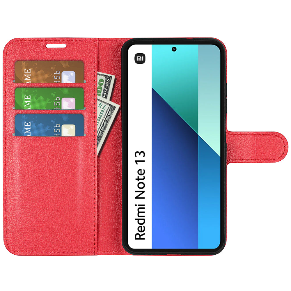 For Xiaomi Redmi Note 13 4G Phone Case Wallet Litchi Texture Leather Flip Cover - Red