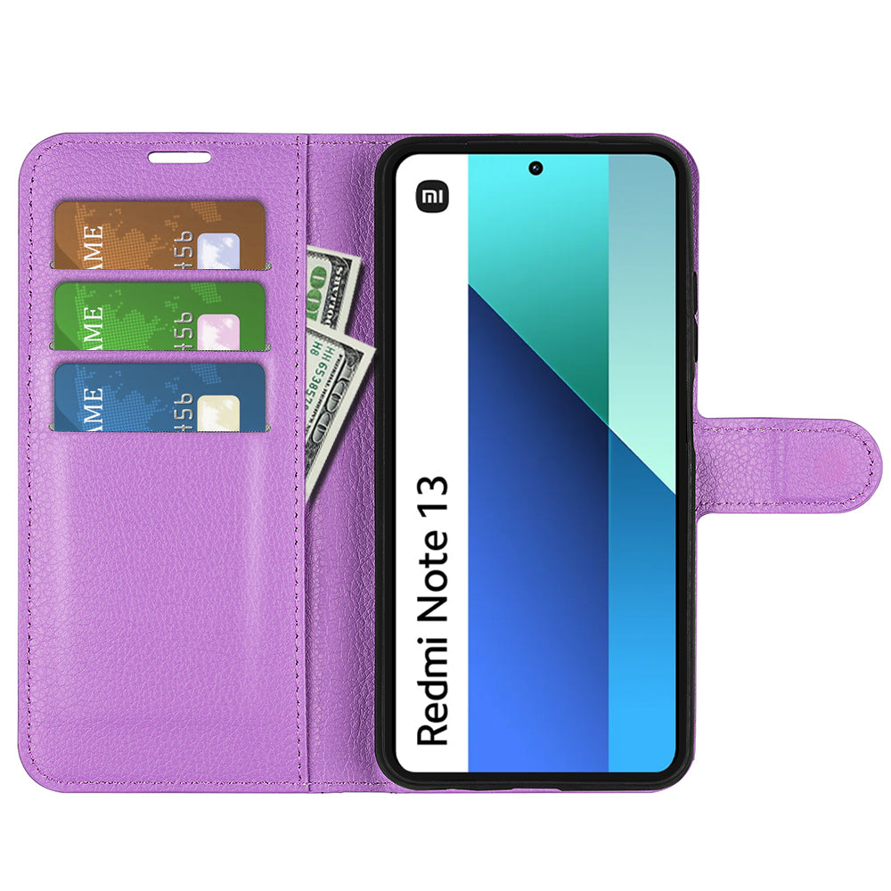For Xiaomi Redmi Note 13 4G Phone Case Wallet Litchi Texture Leather Flip Cover - Purple