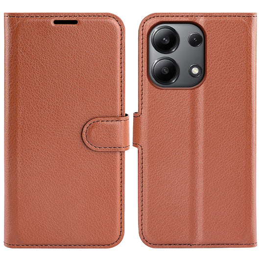 For Xiaomi Redmi Note 13 4G Phone Case Wallet Litchi Texture Leather Flip Cover - Brown