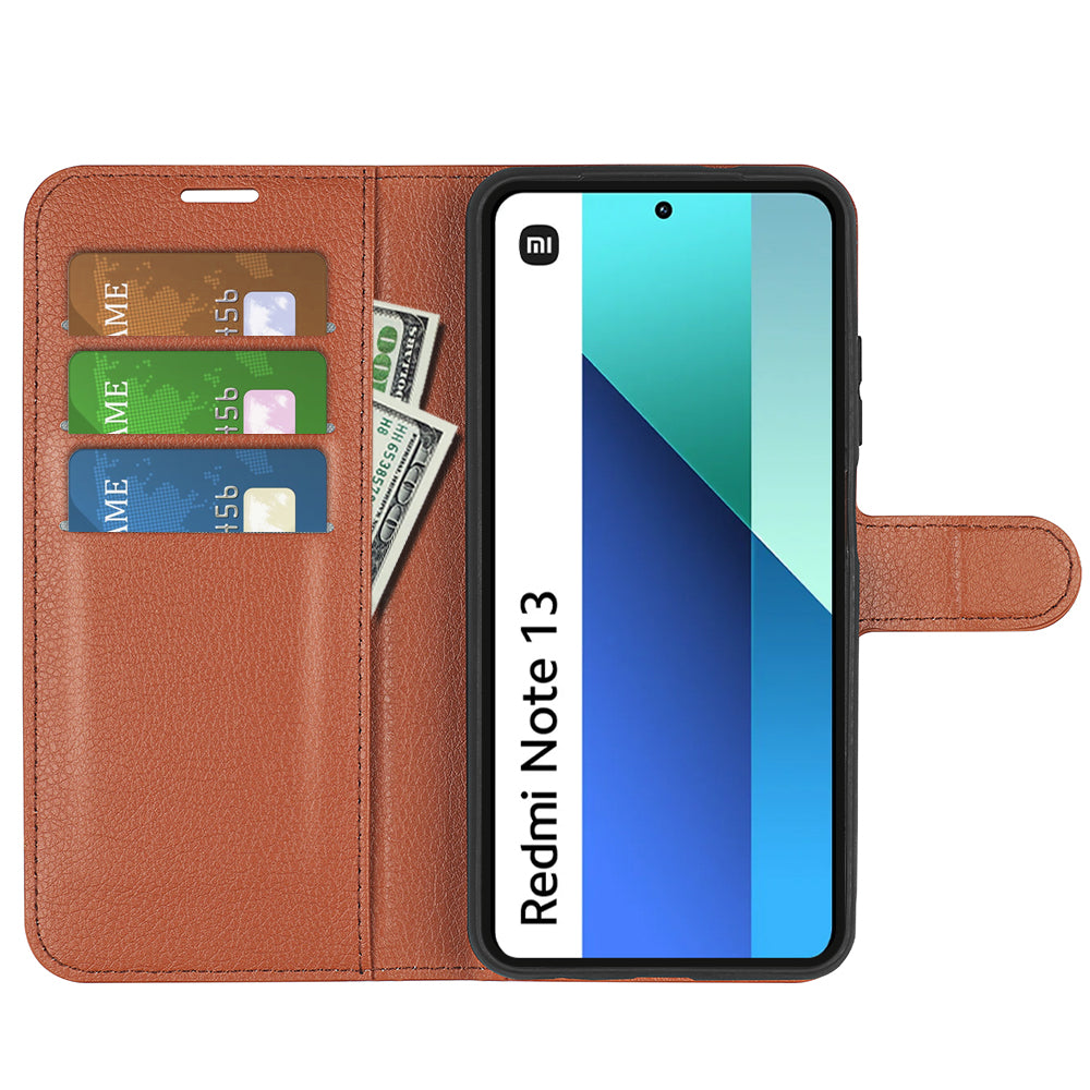 For Xiaomi Redmi Note 13 4G Phone Case Wallet Litchi Texture Leather Flip Cover - Brown