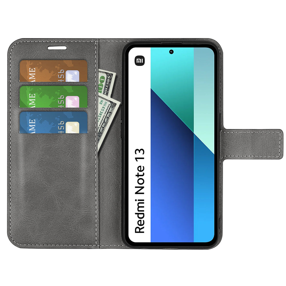 For Xiaomi Redmi Note 13 4G Leather Wallet Case Flip Phone Cover Magnetic Clasp - Grey