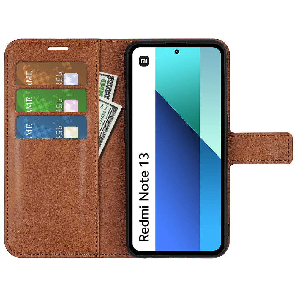 For Xiaomi Redmi Note 13 4G Leather Wallet Case Flip Phone Cover Magnetic Clasp - Light Brown