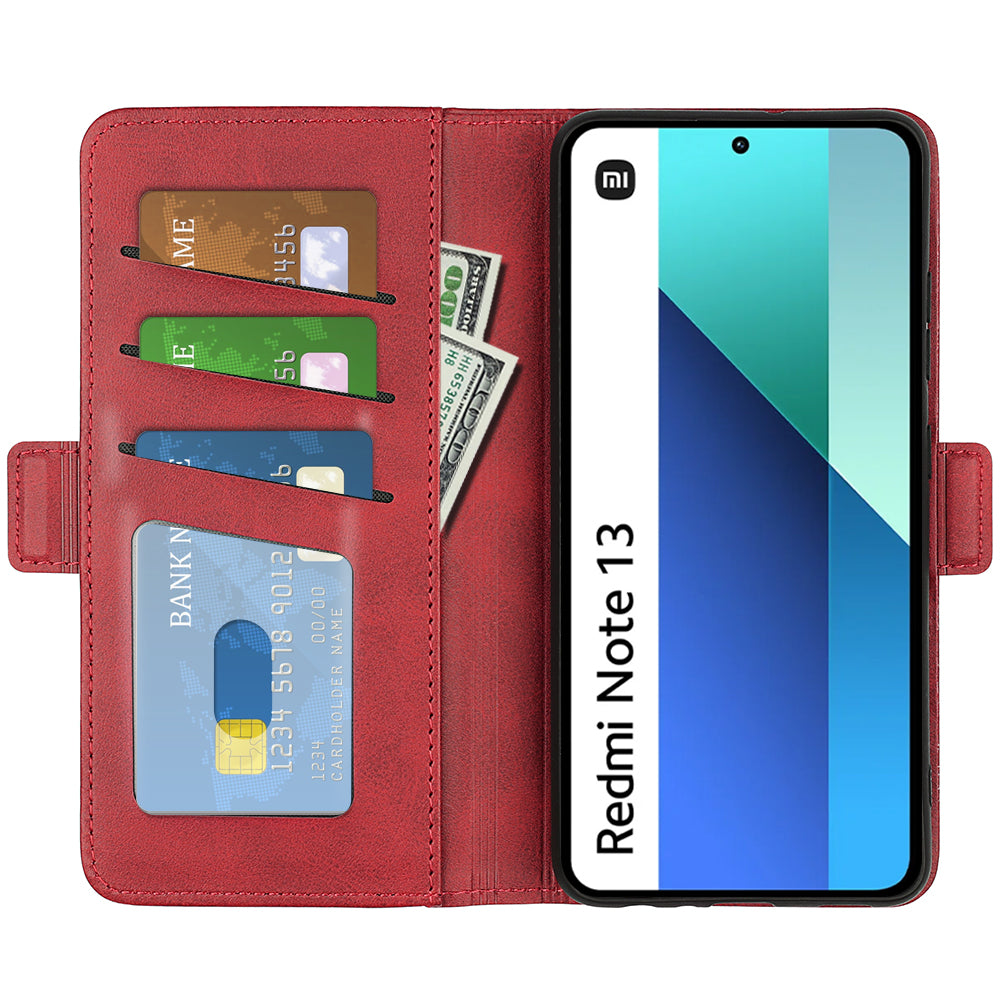 For Xiaomi Redmi Note 13 4G Cell Phone Case Dual Magnetic Clasp Leather Protective Cover - Red