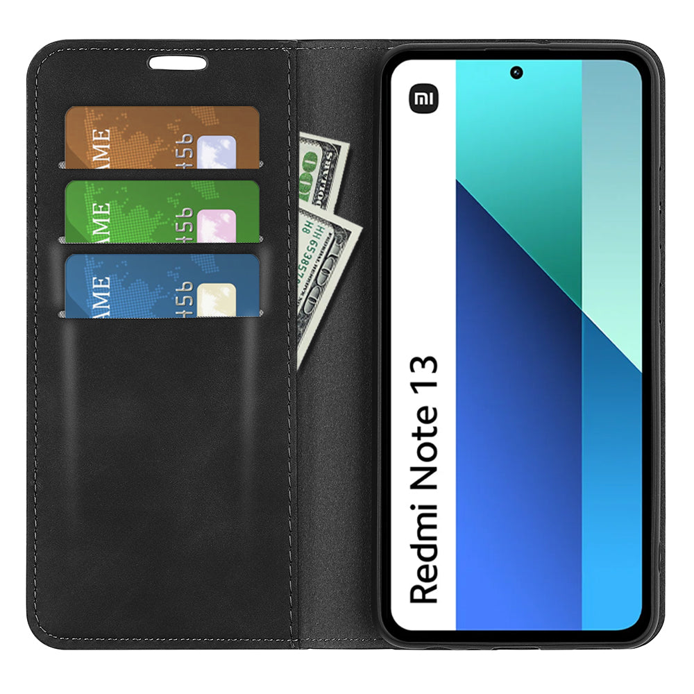 For Xiaomi Redmi Note 13 4G Leather Case Wallet Skin-touch Phone Cover - Black