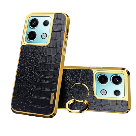 For Xiaomi Redmi Note 13 Pro 5G / Poco X6 5G Cell Phone Case Crocodile Texture Leather+TPU Cover with Ring Kickstand - Black