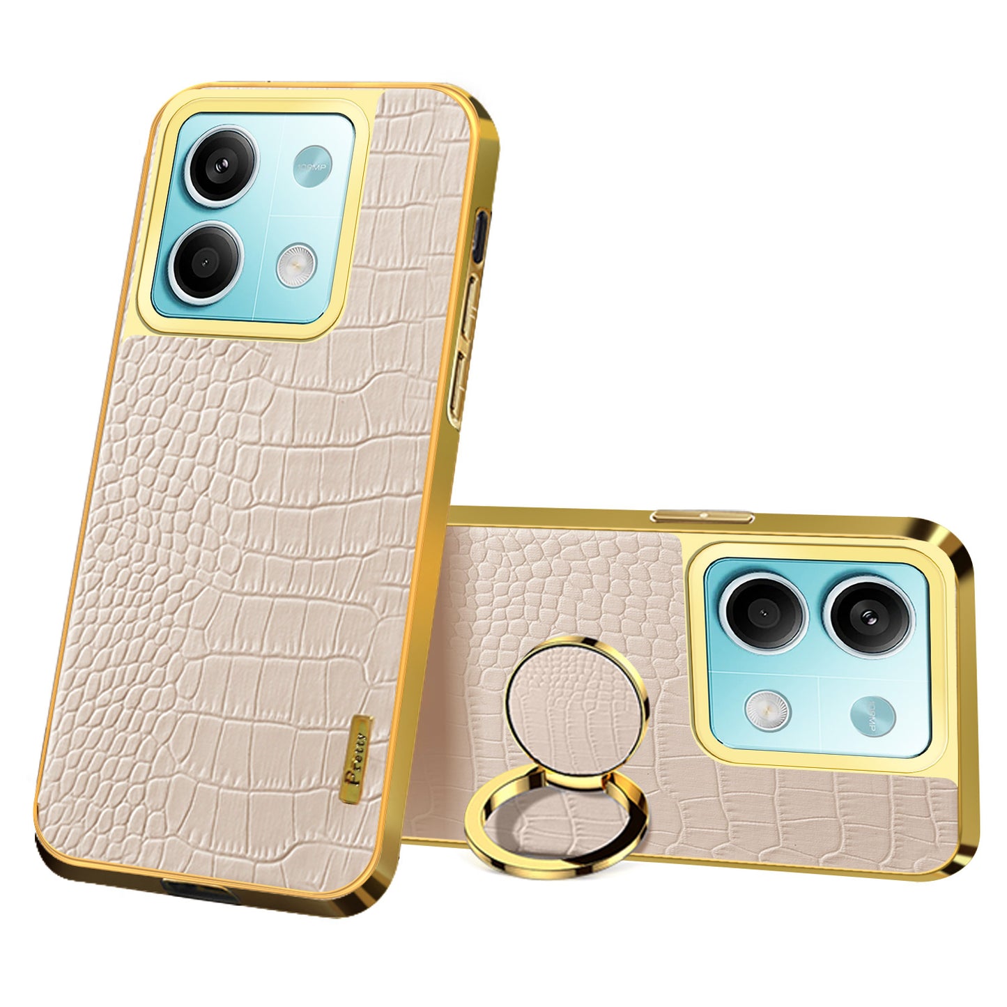 For Xiaomi Redmi Note 13 5G (Global) Cell Phone Case 6D Electroplating Ring Kickstand Leather+TPU Cover - White