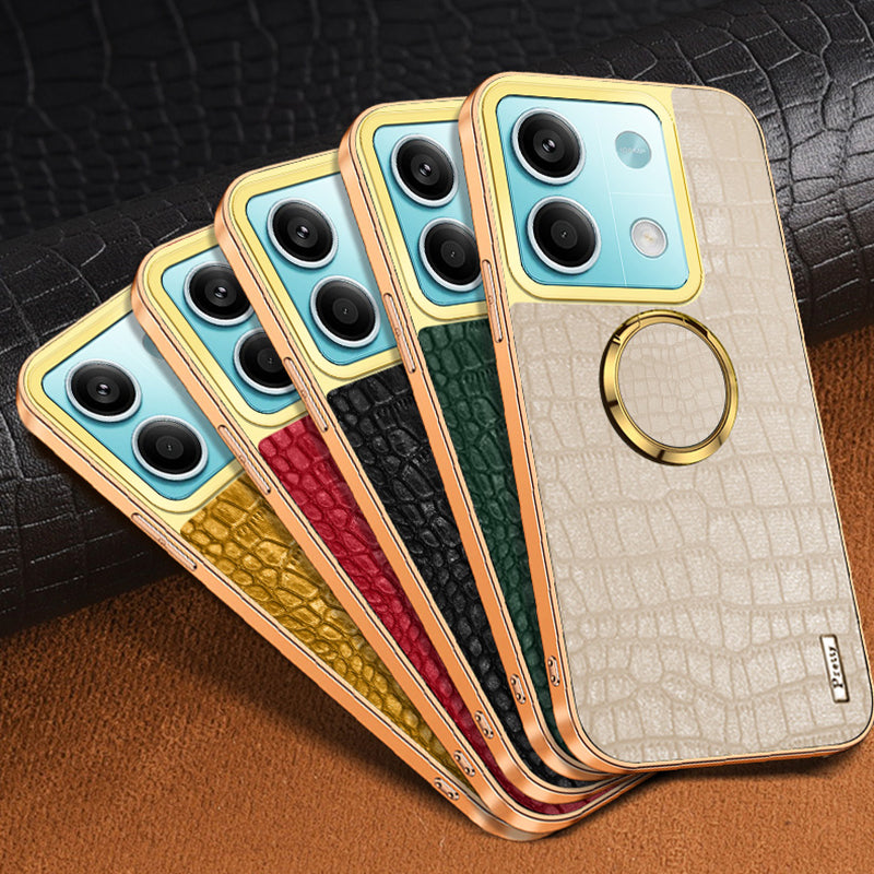For Xiaomi Redmi Note 13 5G (Global) Cell Phone Case 6D Electroplating Ring Kickstand Leather+TPU Cover - White