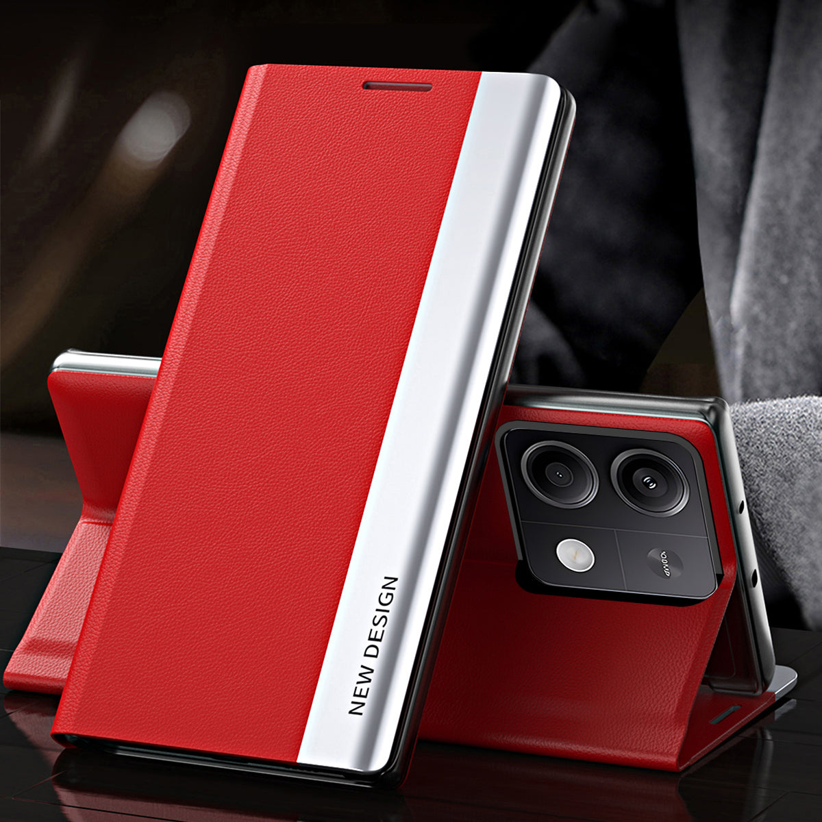 For Xiaomi Redmi Note 13 5G Phone Cover PC Shell+Leather Scratch-proof Case - Red