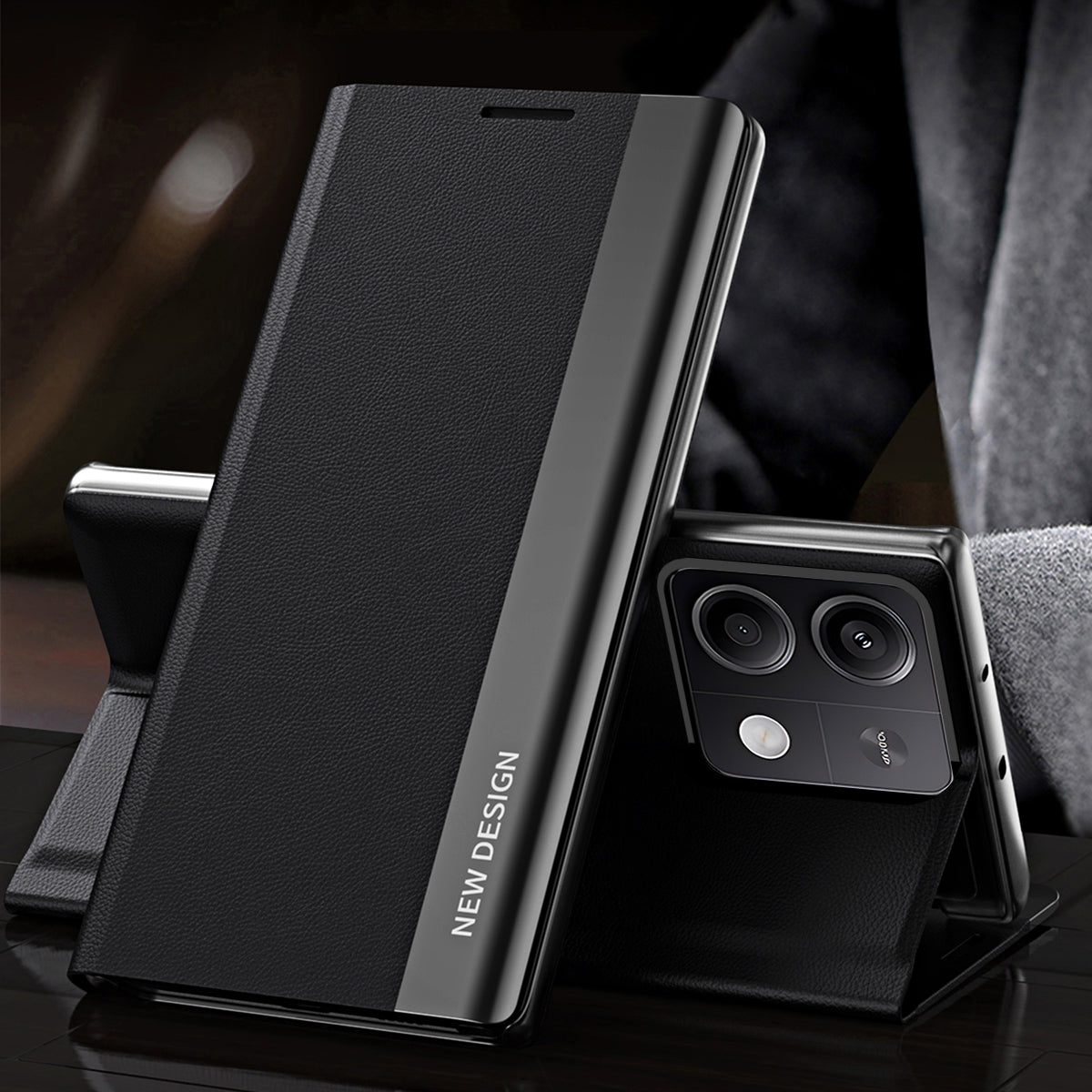 For Xiaomi Redmi Note 13 5G Phone Cover PC Shell+Leather Scratch-proof Case - Black