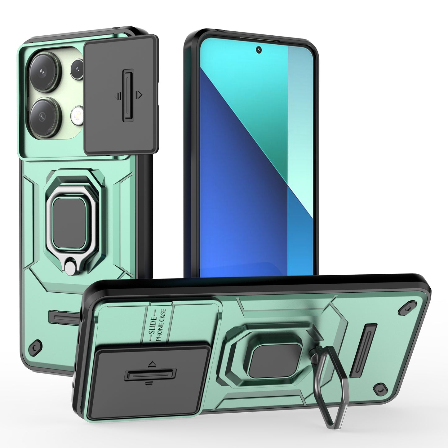 For Xiaomi Redmi Note 13 4G Case PC+TPU Slide Lens Lid Phone Cover - Green