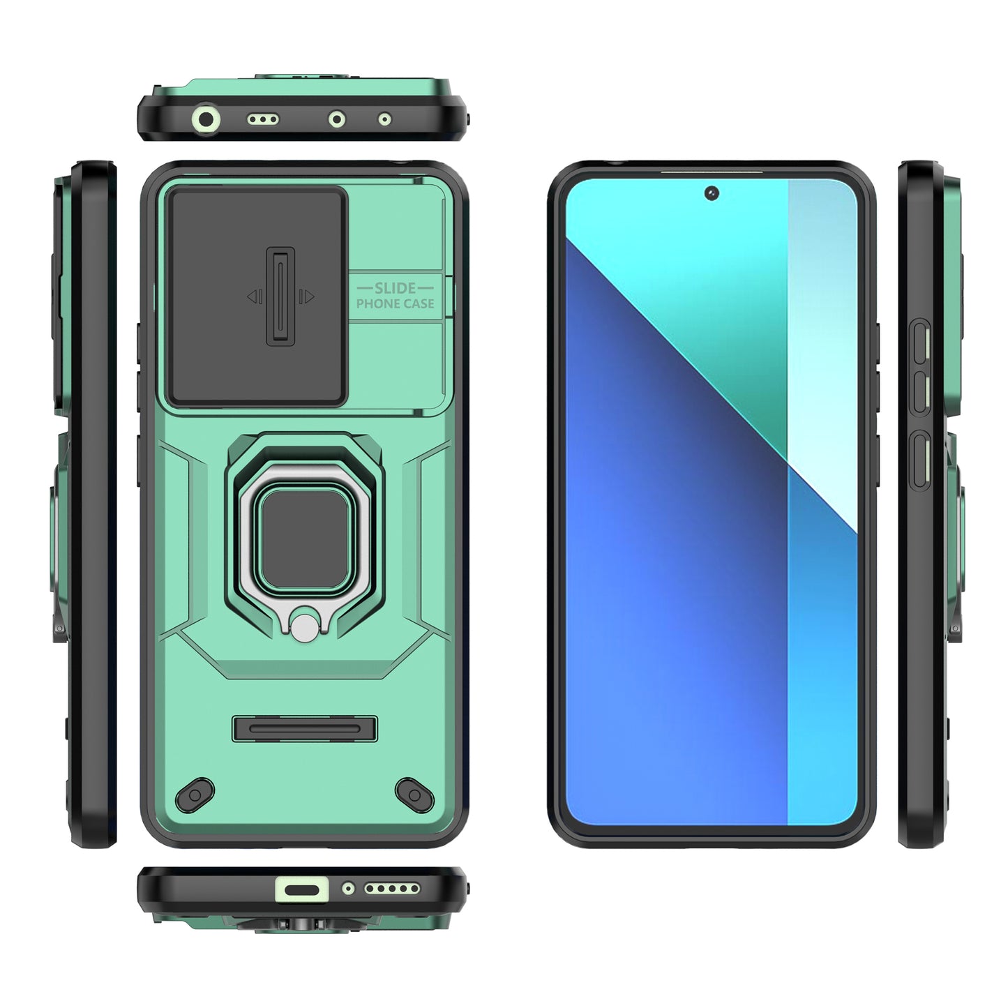 For Xiaomi Redmi Note 13 4G Case PC+TPU Slide Lens Lid Phone Cover - Green