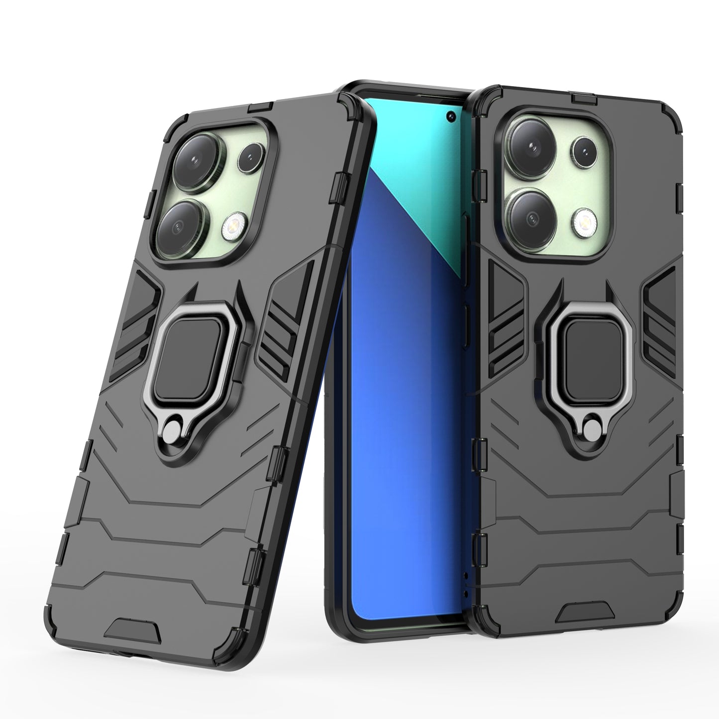 For Xiaomi Redmi Note 13 4G Case PC+TPU Anti-drop Phone Cover with Ring Holder Kickstand - Black