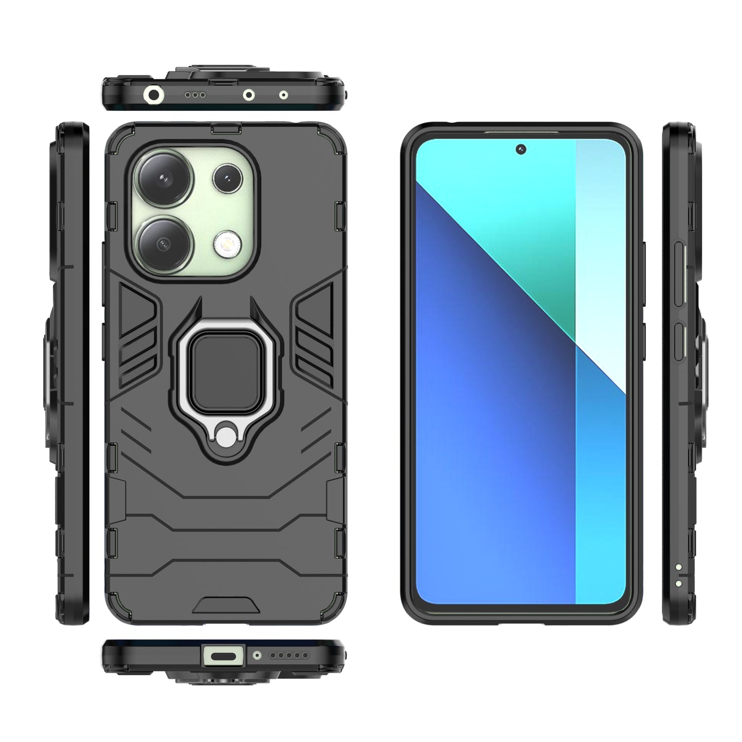 For Xiaomi Redmi Note 13 4G Case PC+TPU Anti-drop Phone Cover with Ring Holder Kickstand - Black