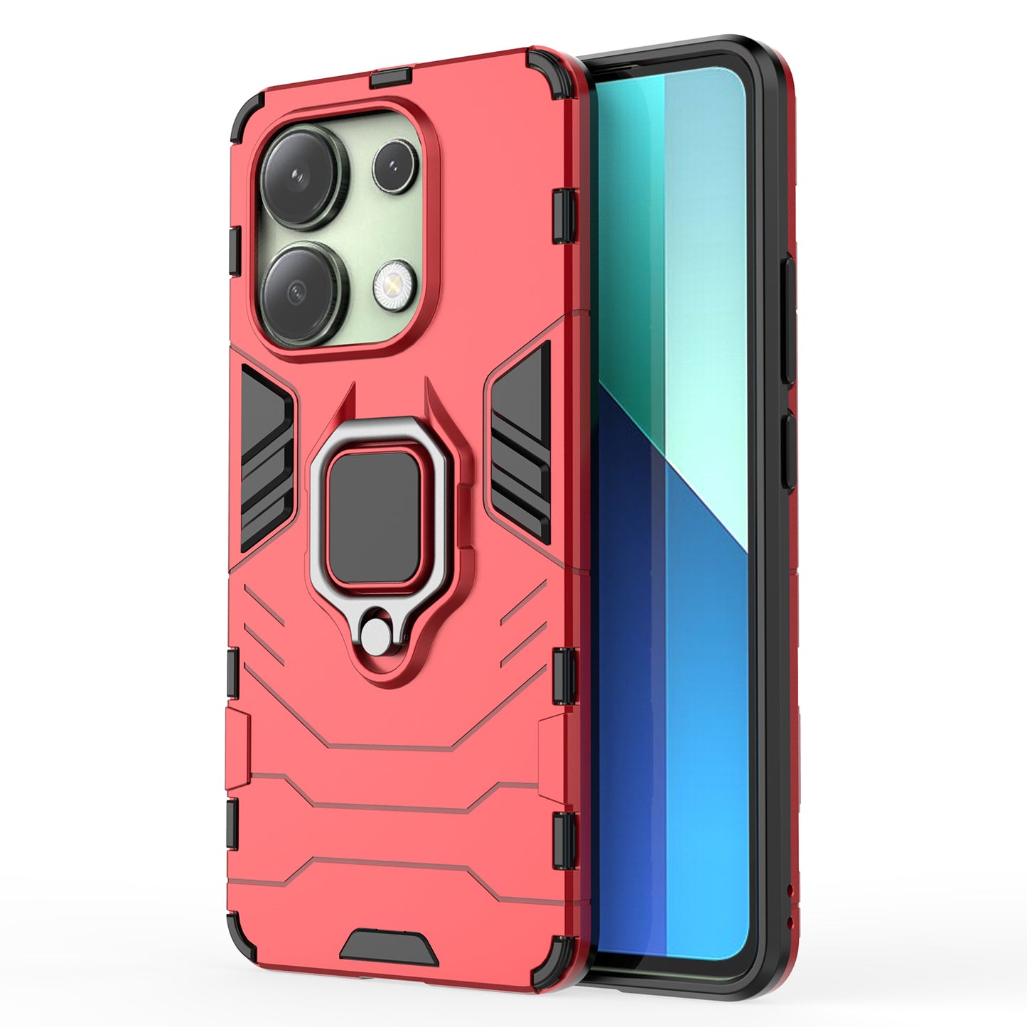 For Xiaomi Redmi Note 13 4G Case PC+TPU Anti-drop Phone Cover with Ring Holder Kickstand - Red