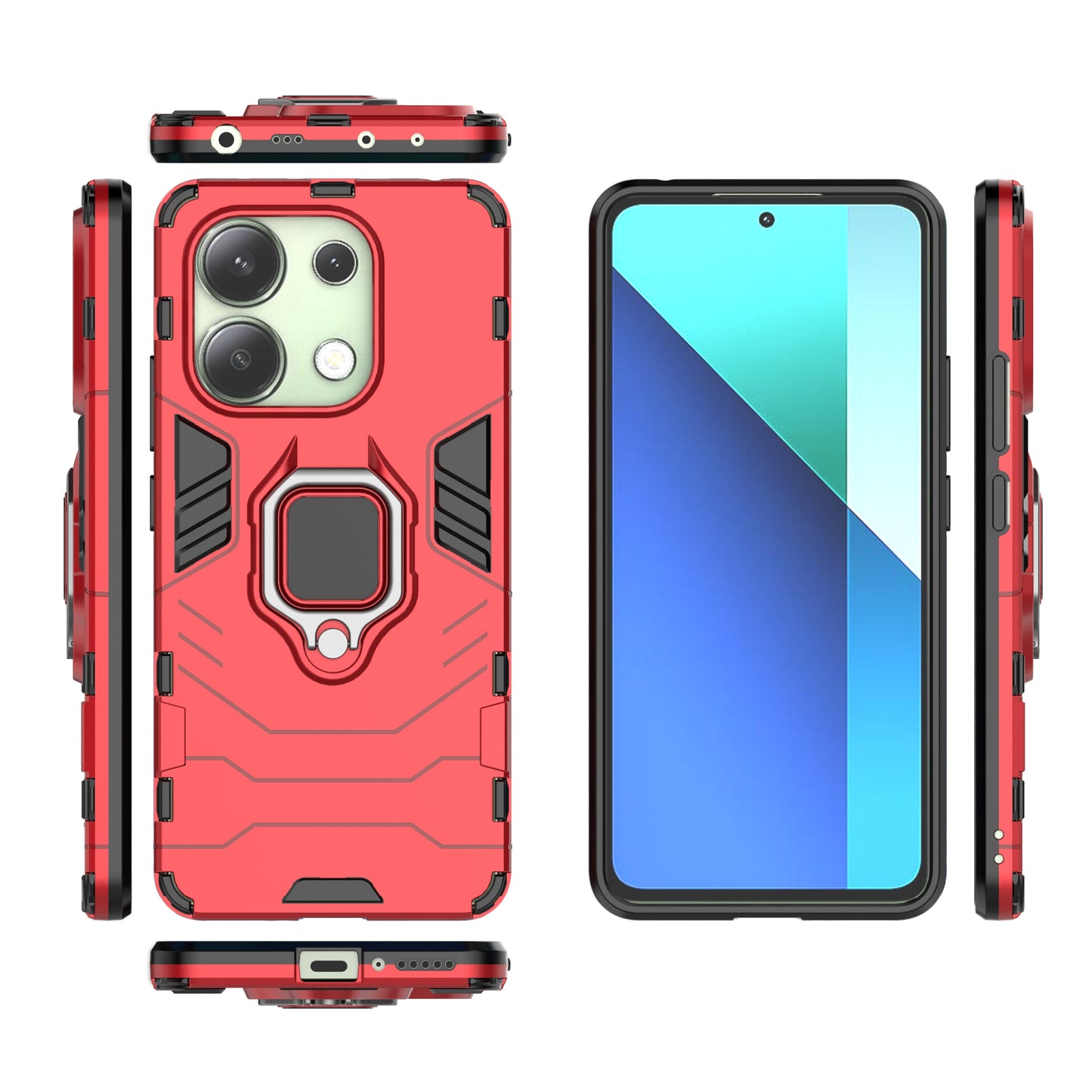 For Xiaomi Redmi Note 13 4G Case PC+TPU Anti-drop Phone Cover with Ring Holder Kickstand - Red