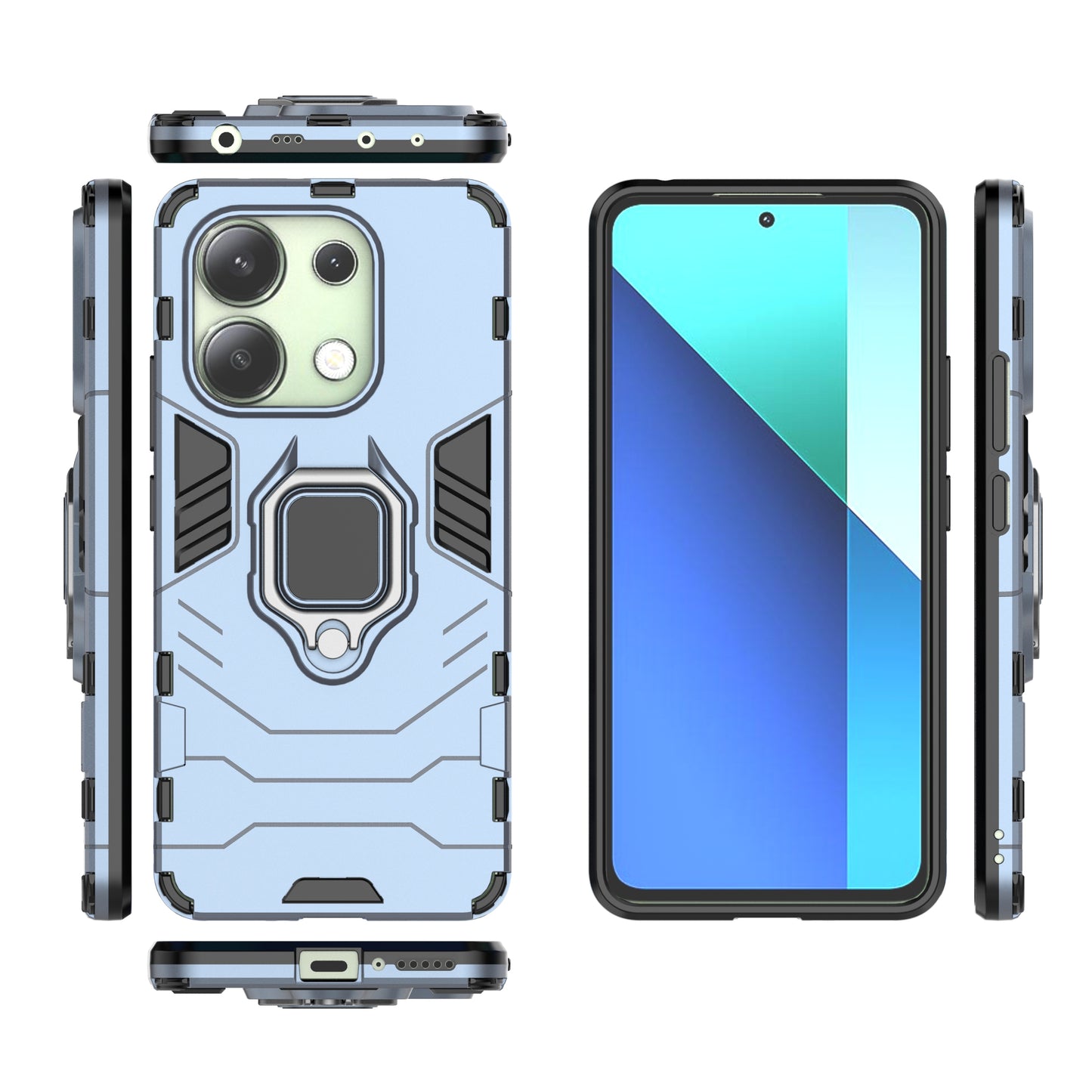 For Xiaomi Redmi Note 13 4G Case PC+TPU Anti-drop Phone Cover with Ring Holder Kickstand - Blue