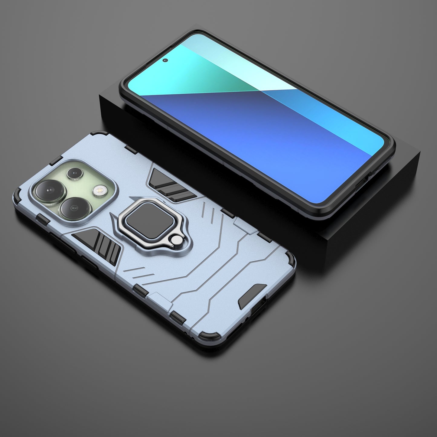 For Xiaomi Redmi Note 13 4G Case PC+TPU Anti-drop Phone Cover with Ring Holder Kickstand - Blue