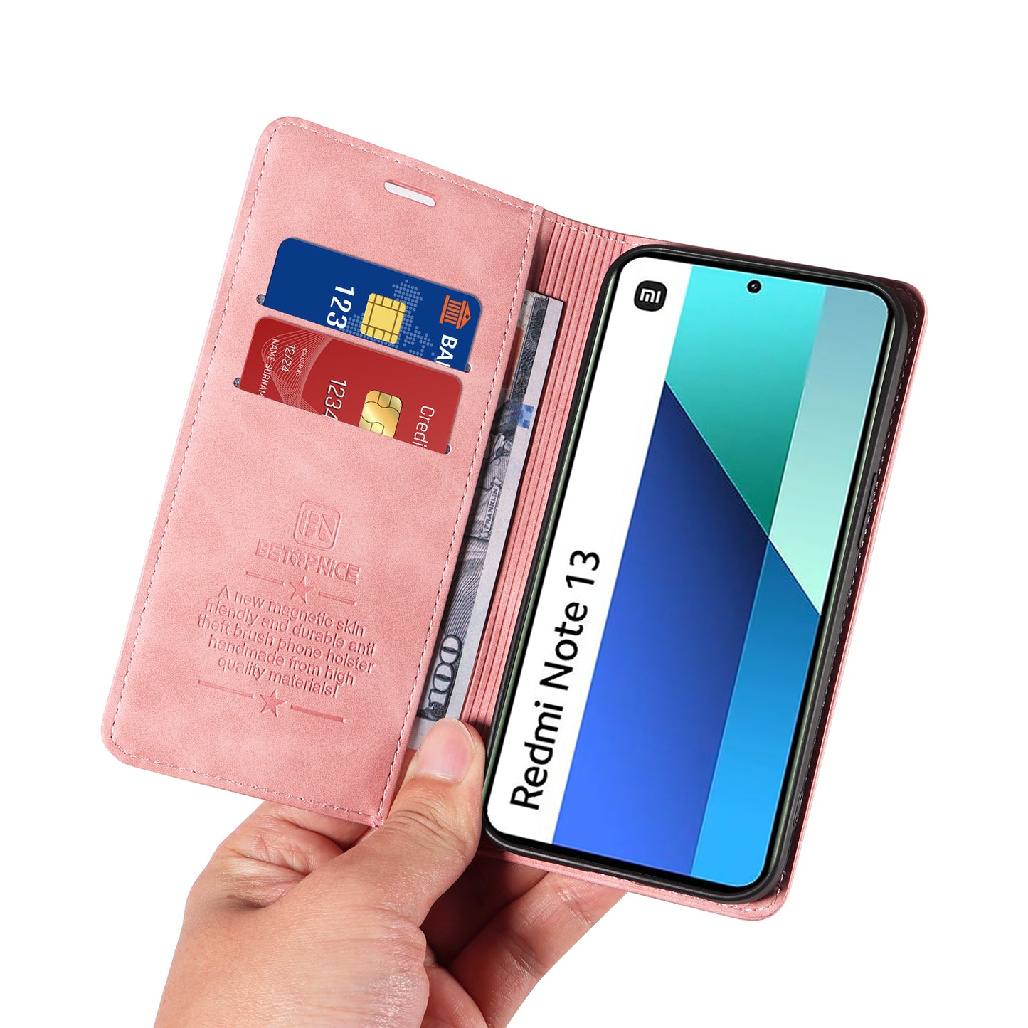 BETOPNICE 003 For Xiaomi Redmi Note 13 4G Case Card Slots RFID Blocking Phone Cover - Pink
