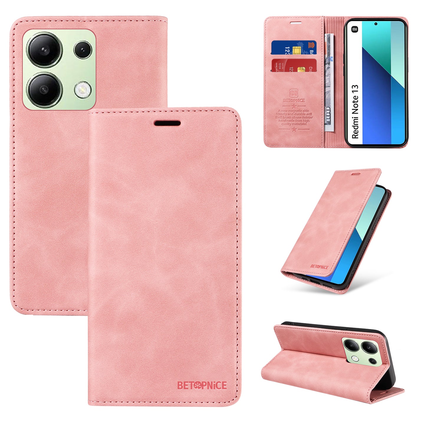 BETOPNICE 003 For Xiaomi Redmi Note 13 4G Case Card Slots RFID Blocking Phone Cover - Pink