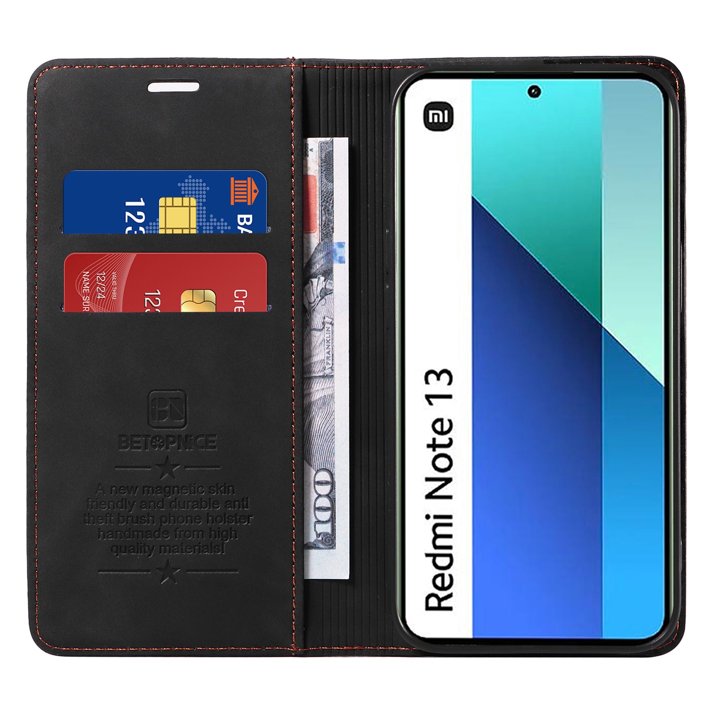 BETOPNICE 003 For Xiaomi Redmi Note 13 4G Case Card Slots RFID Blocking Phone Cover - Black