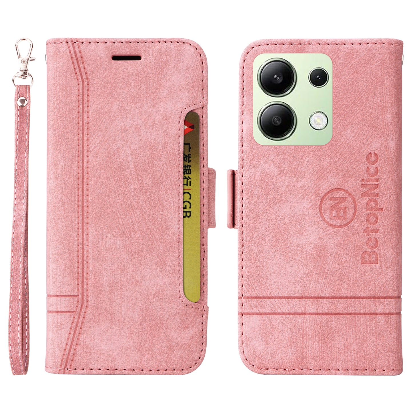 BETOPNICE 001 for Xiaomi Redmi Note 13 4G Case Imprinted Leather Phone Wallet Cover - Pink
