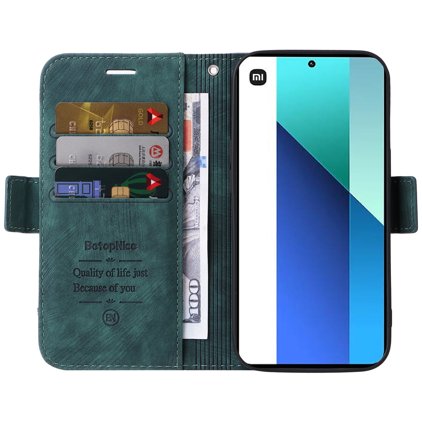 BETOPNICE 001 for Xiaomi Redmi Note 13 4G Case Imprinted Leather Phone Wallet Cover - Green