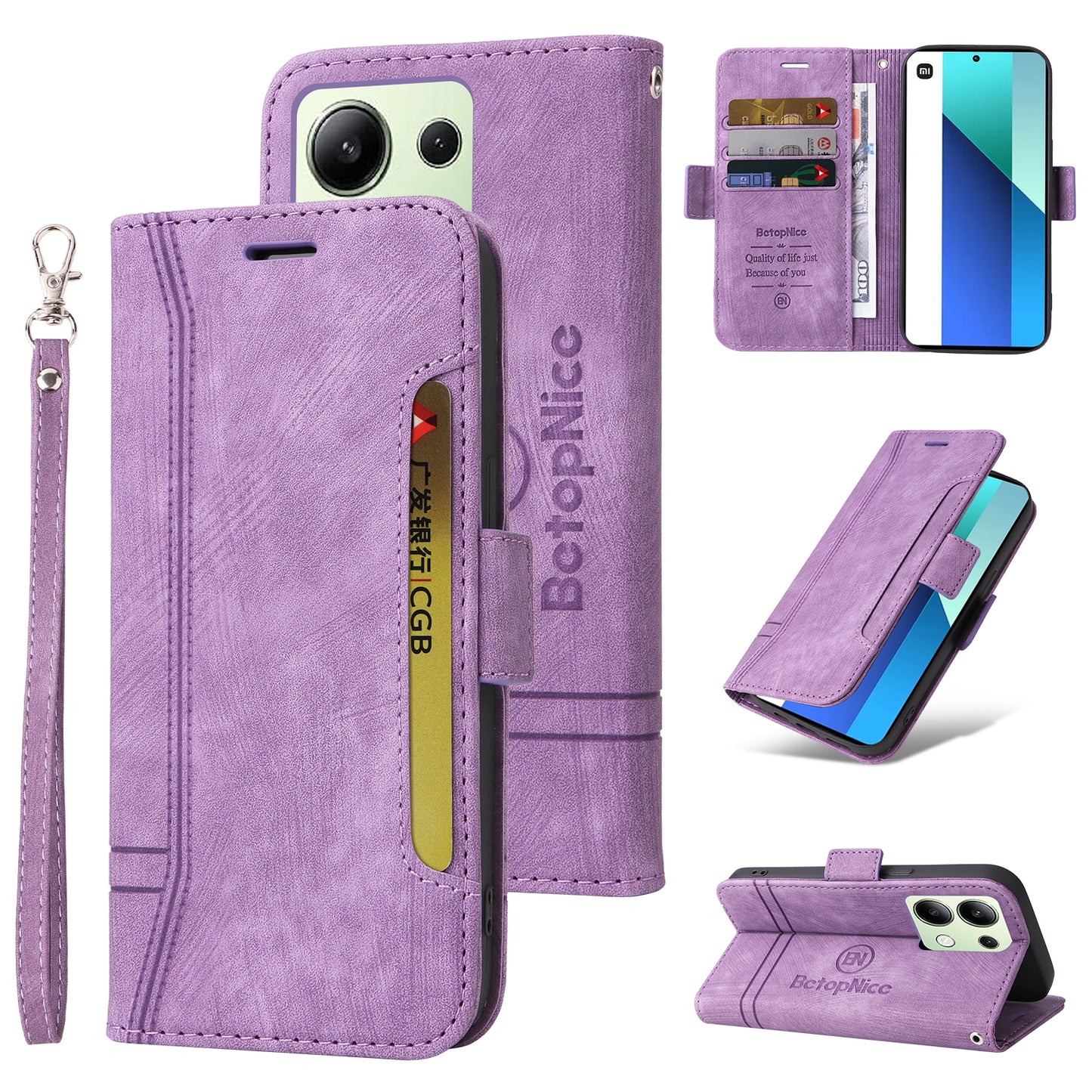 BETOPNICE 001 for Xiaomi Redmi Note 13 4G Case Imprinted Leather Phone Wallet Cover - Purple