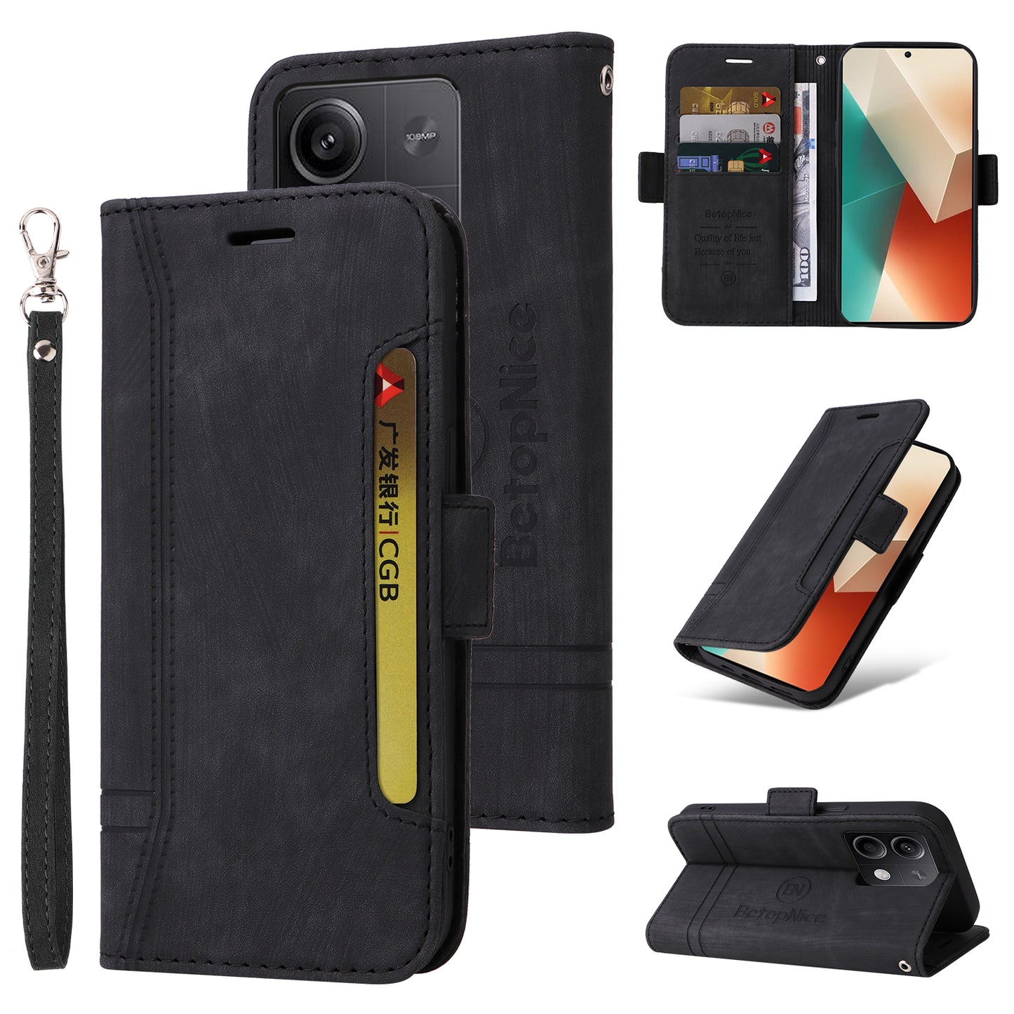 BETOPNICE 001 for Xiaomi Redmi Note 13 5G / Redmi Note 13 5G (China) Case Imprint Leather Cover - Black