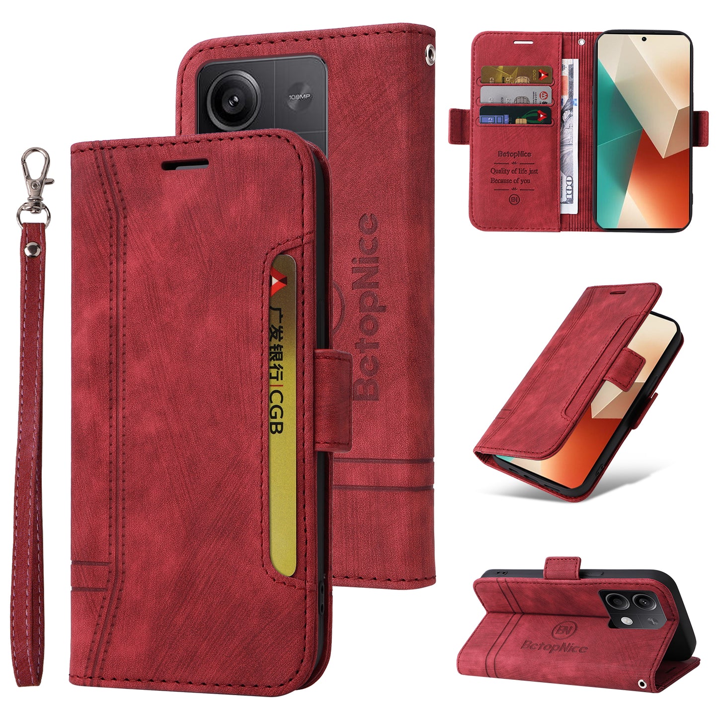 BETOPNICE 001 for Xiaomi Redmi Note 13 5G / Redmi Note 13 5G (China) Case Imprint Leather Cover - Red