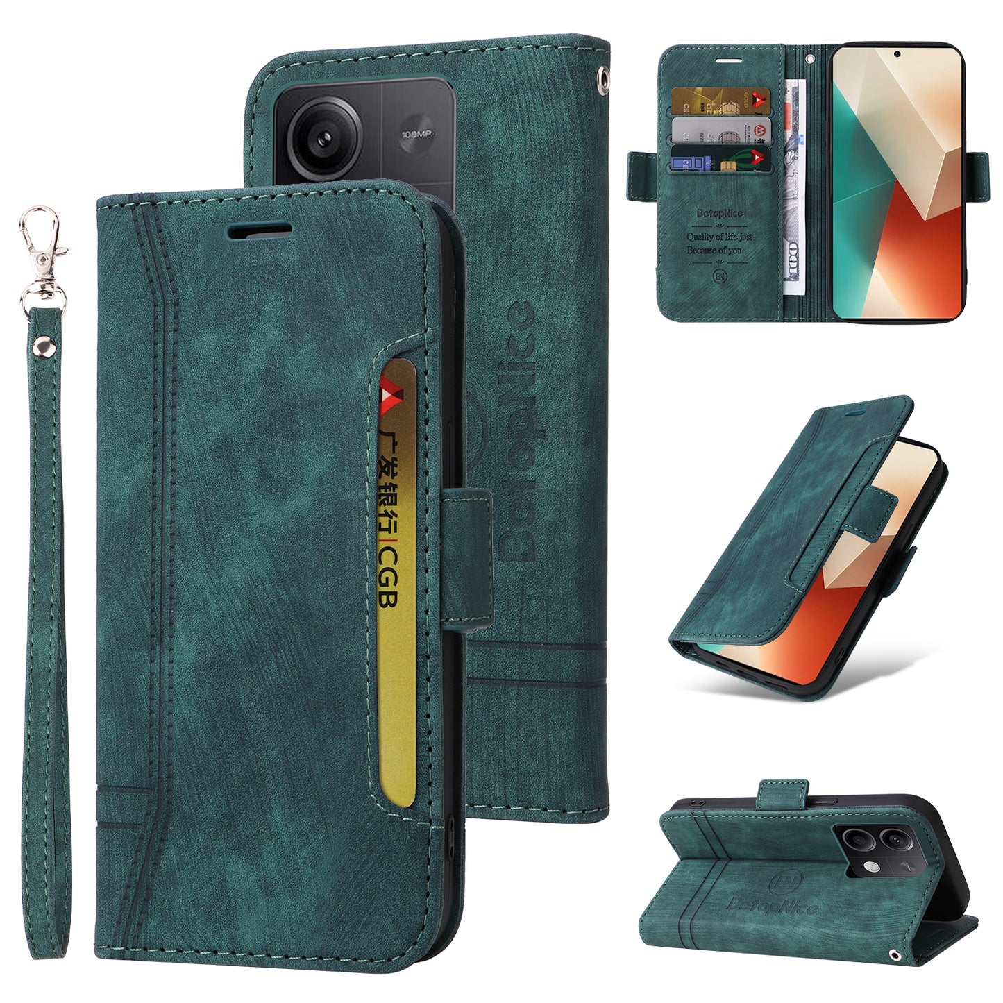 BETOPNICE 001 for Xiaomi Redmi Note 13 5G / Redmi Note 13 5G (China) Case Imprint Leather Cover - Green