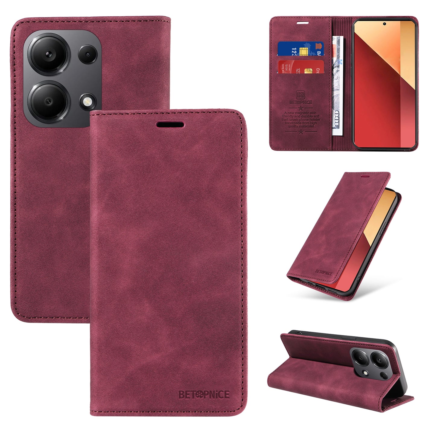 BETOPNICE 003 For Xiaomi Redmi Note 13 Pro 4G / Poco M6 Pro 4G Phone Cover Leather RFID Blocking Case - Red