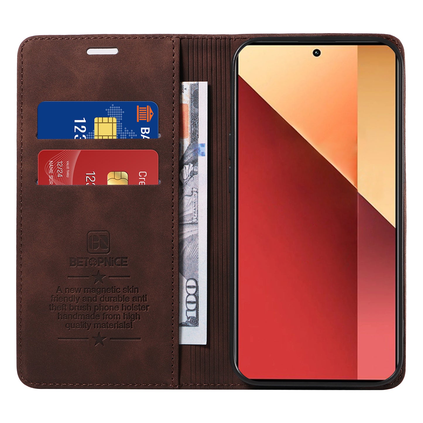 BETOPNICE 003 For Xiaomi Redmi Note 13 Pro 4G / Poco M6 Pro 4G Phone Cover Leather RFID Blocking Case - Brown