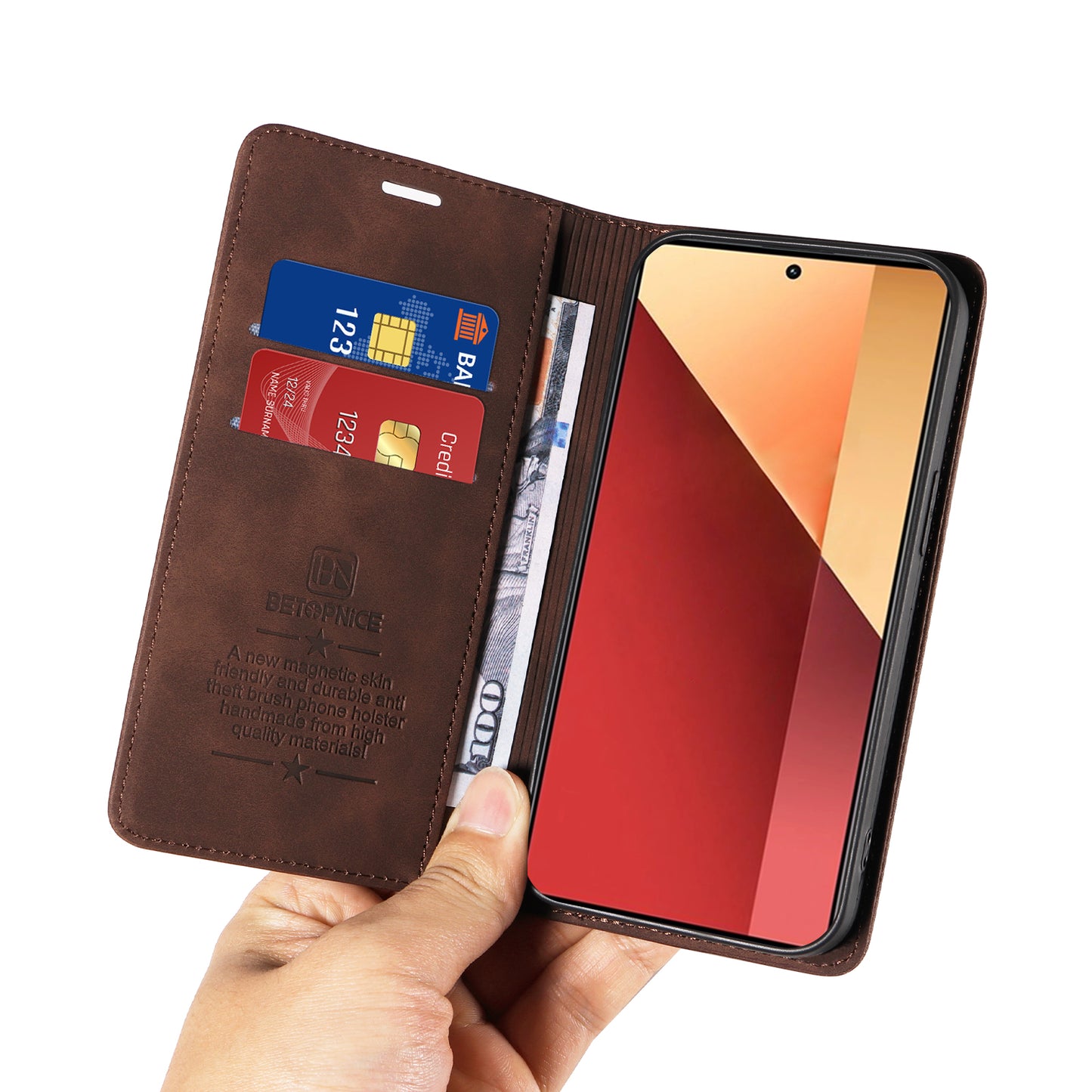 BETOPNICE 003 For Xiaomi Redmi Note 13 Pro 4G / Poco M6 Pro 4G Phone Cover Leather RFID Blocking Case - Brown