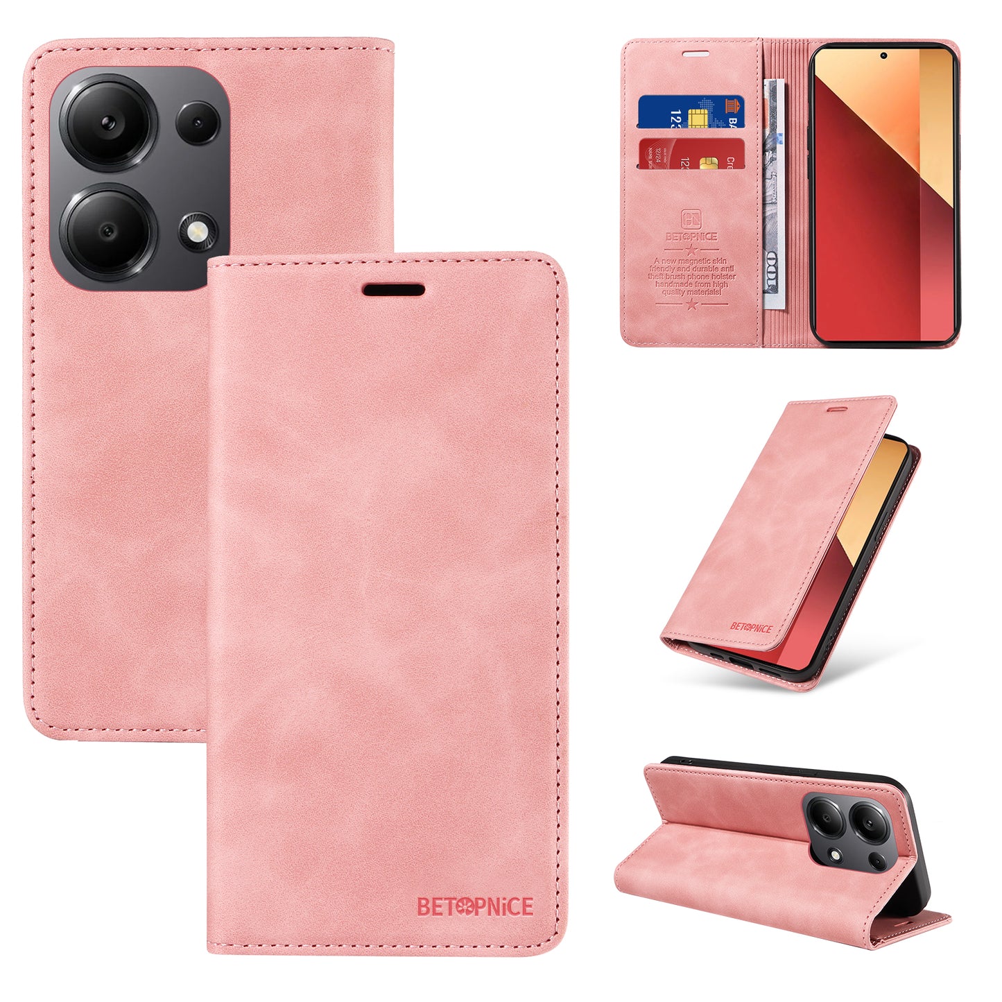 BETOPNICE 003 For Xiaomi Redmi Note 13 Pro 4G / Poco M6 Pro 4G Phone Cover Leather RFID Blocking Case - Pink