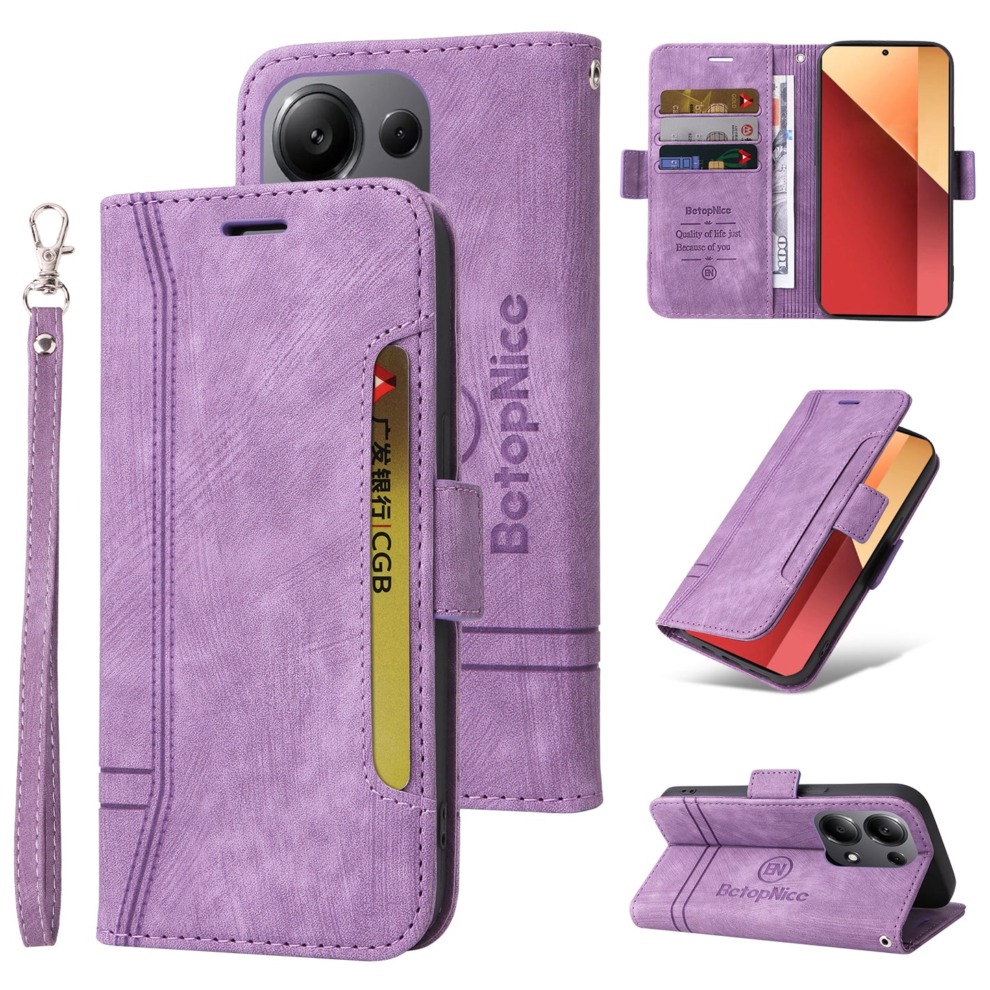 BETOPNICE 001 for Xiaomi Redmi Note 13 Pro 4G / Poco M6 Pro 4G Case with Hand Strap Leather Wallet Cover - Purple