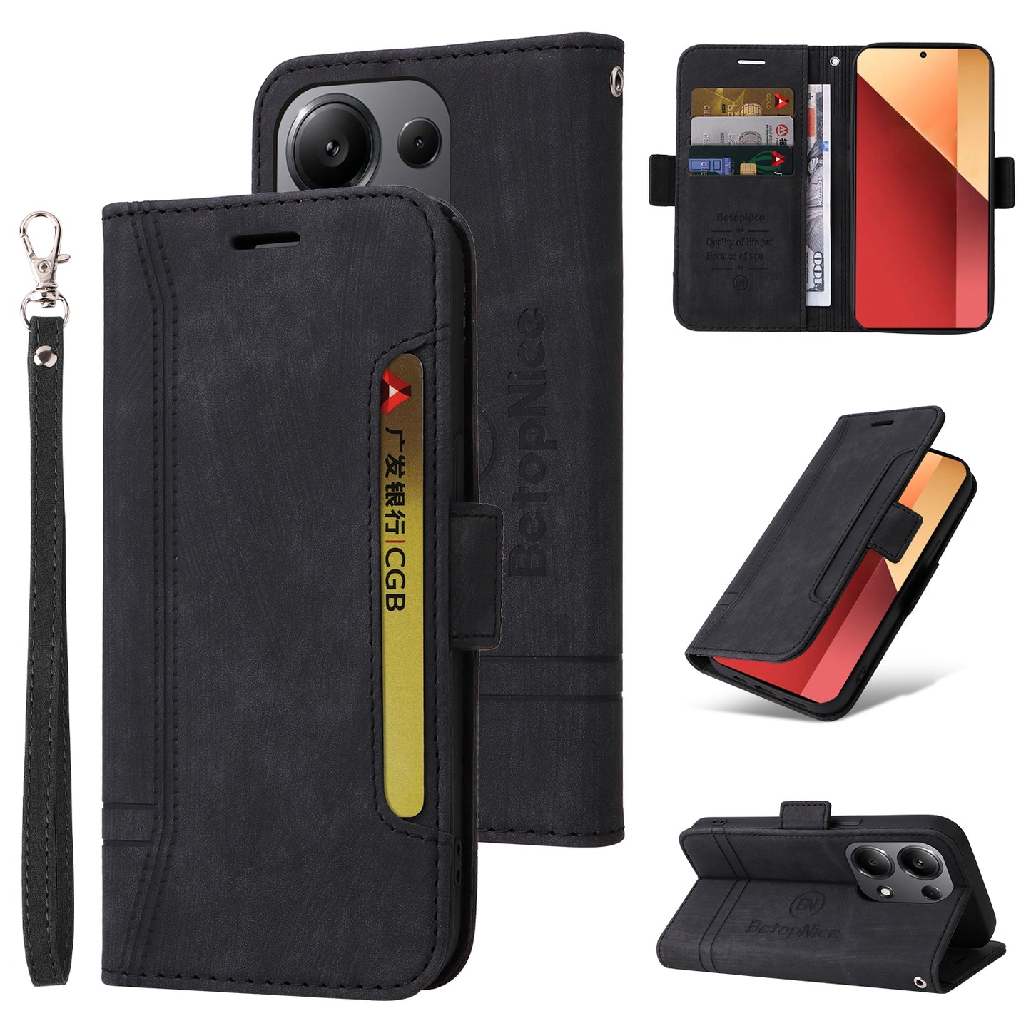 BETOPNICE 001 for Xiaomi Redmi Note 13 Pro 4G / Poco M6 Pro 4G Case with Hand Strap Leather Wallet Cover - Black