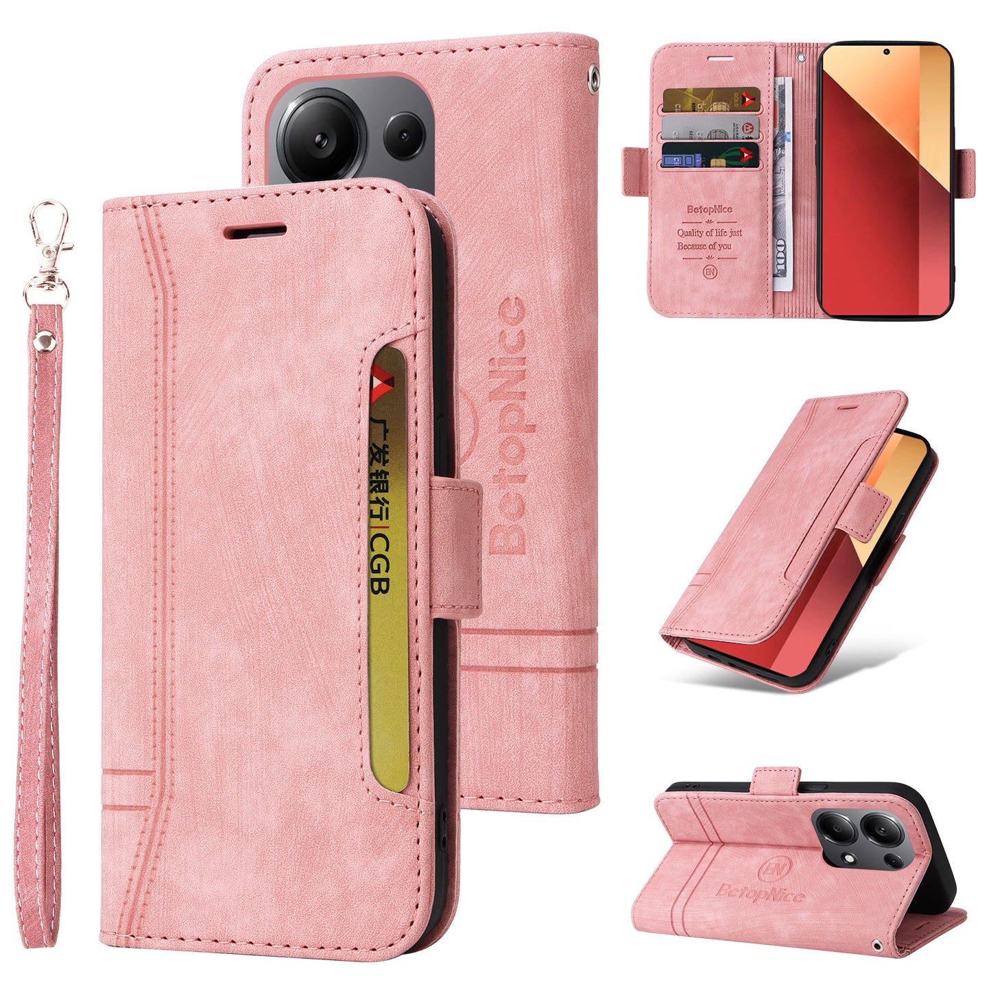 BETOPNICE 001 for Xiaomi Redmi Note 13 Pro 4G / Poco M6 Pro 4G Case with Hand Strap Leather Wallet Cover - Pink
