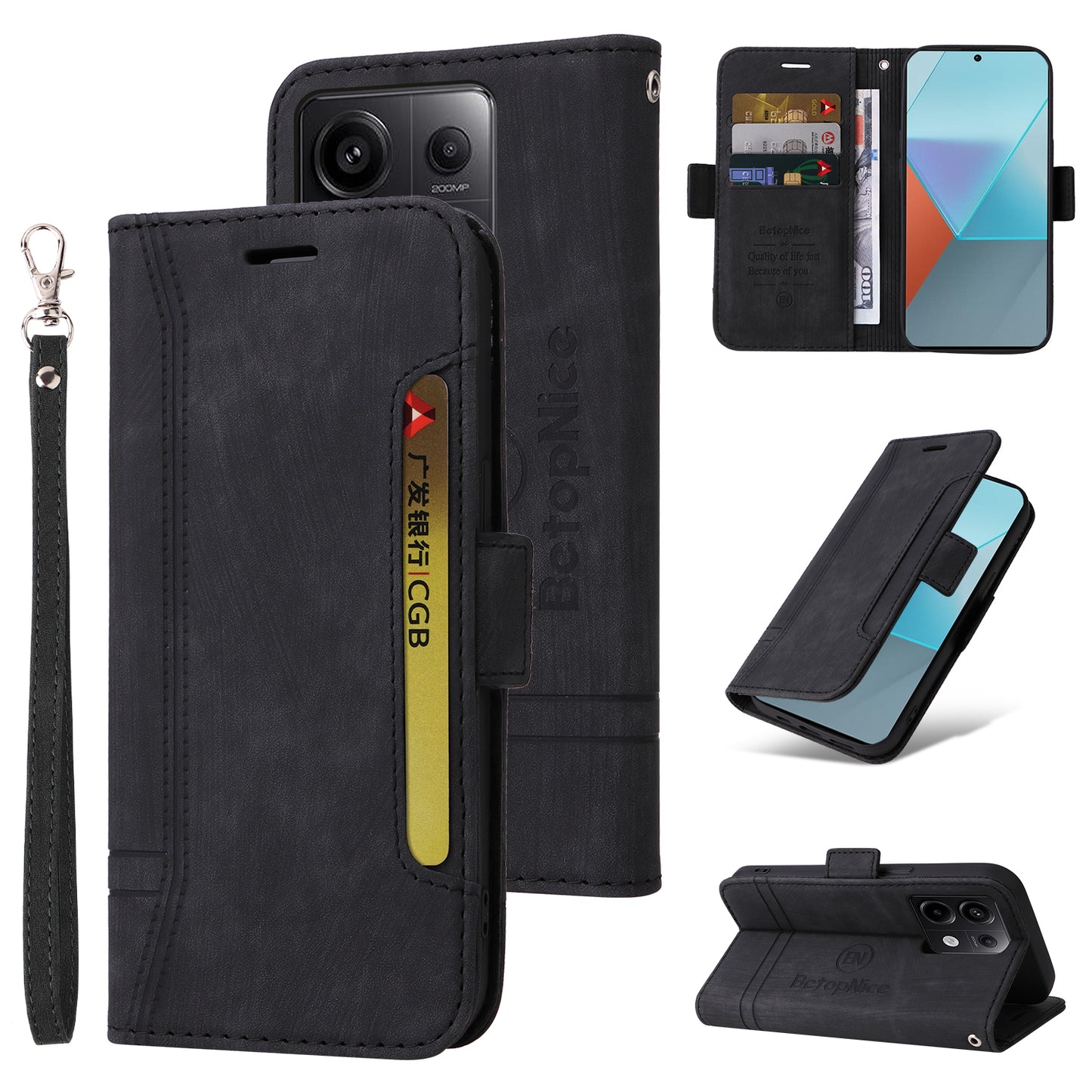 BETOPNICE 001 for Xiaomi Redmi Note 13 Pro 5G / Poco X6 5G Case Leather Wallet Smart Phone Cover - Black